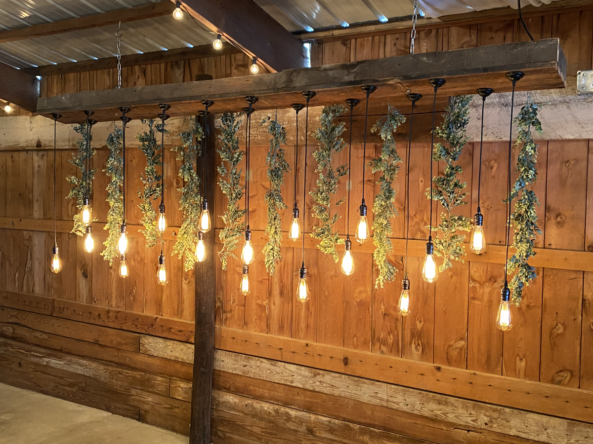 Rustic Edison bulb wedding backdrop with greenery