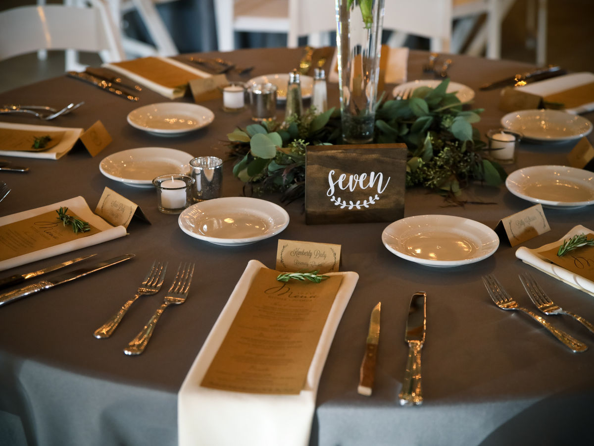 Gray wedding linens at The Buckeye Barn